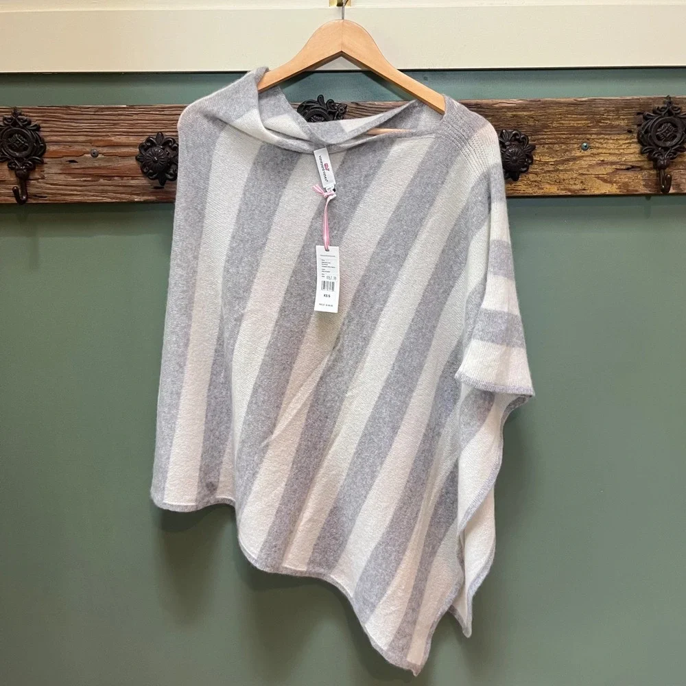 Vineyard Vines Cashmere Tipped Poncho Gray Frost Striped Wrap 2X001053-4103 XS/S
